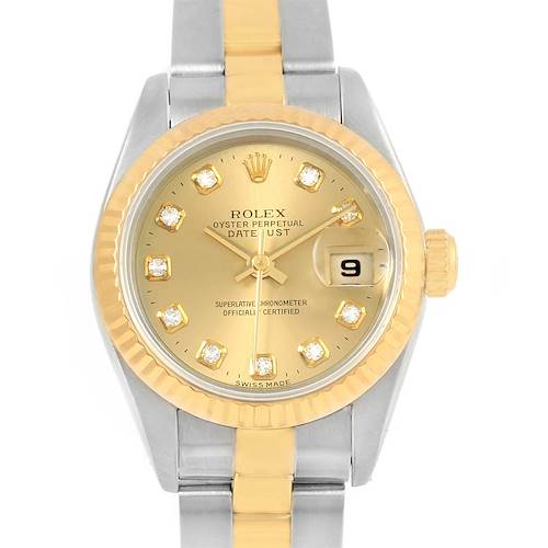This image shows a front view of a Rolex Datejust 69173 Women's Stainless Steel Champagne Dial 69173 Women's Stainless Steel Champagne Dial watch, highlighting the gold dial, date window, and two-tone bracelet.