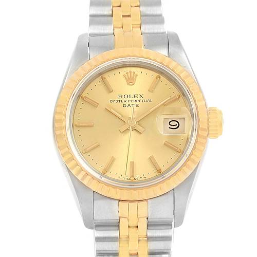 This image shows a front view of a Rolex Datejust 69173 Women's Stainless Steel Champagne Dial 69173 Women's Stainless Steel Champagne Dial watch, featuring its dial, bezel, crown, and a two-tone bracelet.