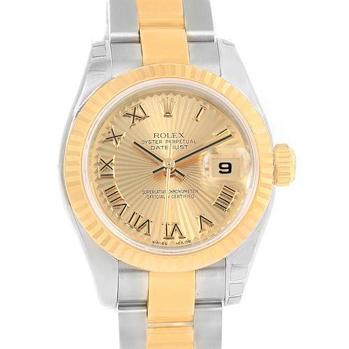 The image shows a frontal view of a Rolex Datejust 179173 Women's Steel and Gold (two tone) Champagne Dial 179173 Women's Steel and Gold (two tone) Champagne Dial watch, highlighting its dial, bezel, and bracelet.