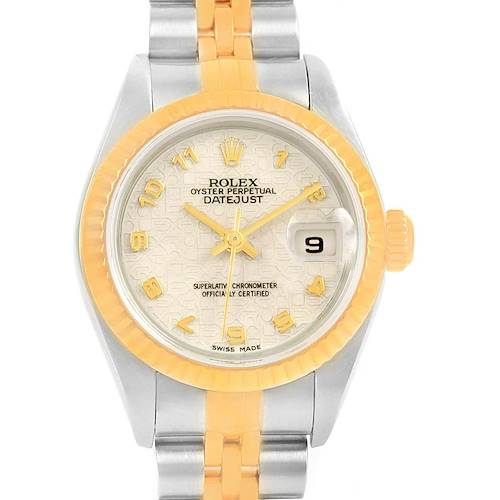 The image shows a front view of a Rolex Datejust 79173 Women's Steel and Gold (two tone) Beige Dial 79173 Women's Steel and Gold (two tone) Beige Dial, highlighting the dial, bezel, crown, and part of the bracelet.