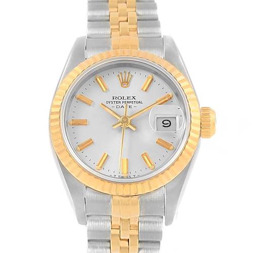 The image shows a front view of a Rolex Datejust 69173 Women's Stainless Steel Silver Dial 69173 Women's Stainless Steel Silver Dial watch, highlighting the dial, crown, bezel, and bracelet.