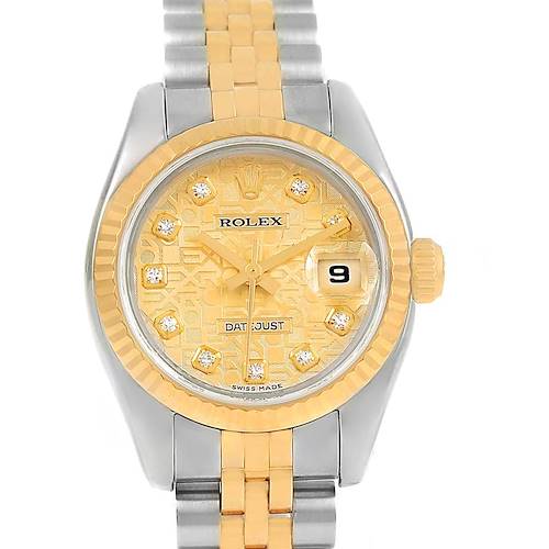 The image shows a frontal view of a Rolex Datejust 179173 Women's Steel and Gold (two tone) Champagne Dial 179173 Women's Steel and Gold (two tone) Champagne Dial watch featuring a gold dial with diamond hour markers and a two-tone metal bracelet.