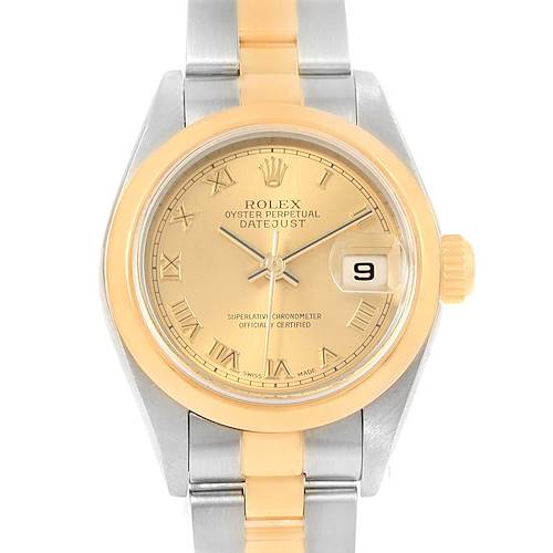 This is a close-up frontal view of a Rolex Datejust 79163 Women's Steel and Gold (two tone) Champagne Dial 79163 Women's Steel and Gold (two tone) Champagne Dial watch, showcasing its dial, bezel, and part of the bracelet.