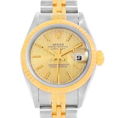 This image shows a frontal view of a Rolex Datejust 69173 Women's Stainless Steel Champagne Dial 69173 Women's Stainless Steel Champagne Dial watch, highlighting its dial, hands, date window, bezel, and part of the bracelet.