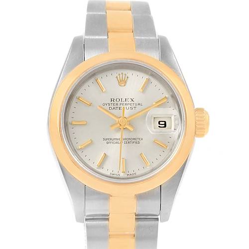 The image shows a Rolex Datejust 79163 Women's Steel and Gold (two tone) Silver Dial 79163 Women's Steel and Gold (two tone) Silver Dial watch from a straight-on angle, highlighting its face, bezel, and bracelet.