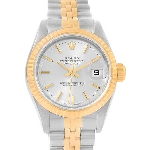 This image shows a Rolex Datejust 69173 Women's Stainless Steel Silver Dial 69173 Women's Stainless Steel Silver Dial watch with a stainless steel and gold two-tone bracelet, crown, and fluted bezel.