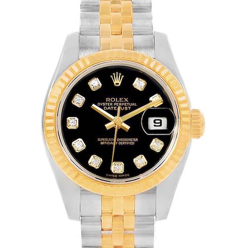 The image shows a front angle of a Rolex Datejust 179173 Women's Steel and Gold (two tone) Black Dial 179173 Women's Steel and Gold (two tone) Black Dial watch, highlighting its black dial, gold bezel, and date window at 3 o'clock.