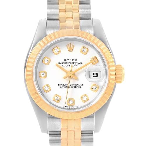 This Rolex Datejust 179173 Women's Steel and Gold (two tone) White Dial 179173 Women's Steel and Gold (two tone) White Dial watch is shown from a top-down angle, highlighting its dial, bezel, and part of the bracelet.