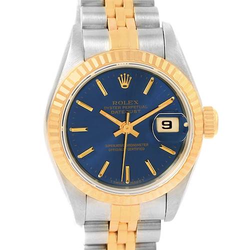 The image shows a Rolex Datejust 69173 Women's Stainless Steel Blue Dial 69173 Women's Stainless Steel Blue Dial watch from a frontal angle, highlighting the blue dial, gold hour markers, date window, and two-tone bracelet.