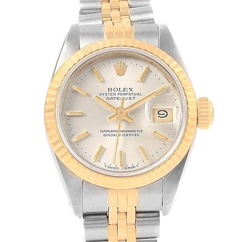The image shows a Rolex Datejust 69173 Women's Stainless Steel Silver Dial 69173 Women's Stainless Steel Silver Dial watch from a top view, highlighting its face, bezel, and part of the bracelet.