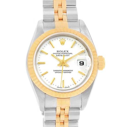 This image shows a frontal view of a Rolex Datejust 79173 Women's Steel and Gold (two tone) White Dial 79173 Women's Steel and Gold (two tone) White Dial, displaying the dial, bezel, crown, and part of the bracelet.