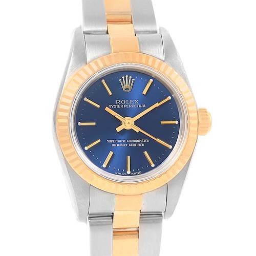 The image shows a Rolex Datejust 76193 Women's Steel and Gold (two tone) Blue Dial 76193 Women's Steel and Gold (two tone) Blue Dial watch, featuring its blue dial, gold fluted bezel, and two-tone bracelet, viewed from the front.