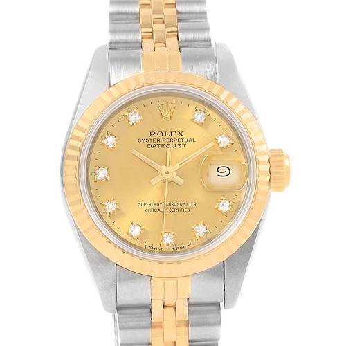 The image shows a frontal view of a Rolex Datejust 69173 Women's Stainless Steel Champagne Dial 69173 Women's Stainless Steel Champagne Dial watch, showcasing its two-tone bracelet, gold dial with diamond hour markers, and date window.
