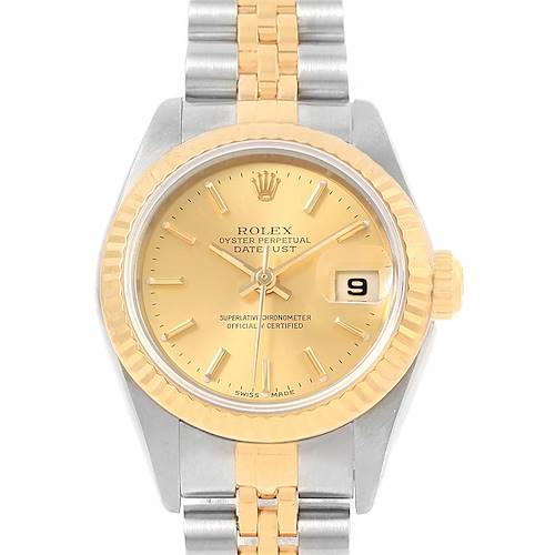 This Rolex Datejust 79173 Women's Steel and Gold (two tone) Champagne Dial 79173 Women's Steel and Gold (two tone) Champagne Dial watch is shown from a front angle, highlighting the face, bezel, and part of the bracelet.