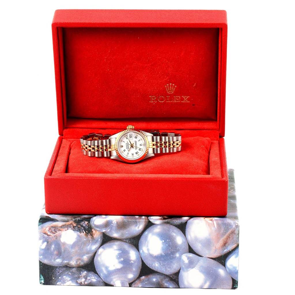 The Rolex Datejust 69173 Women's Stainless Steel White Dial 69173 Women's Stainless Steel White Dial watch is shown in an open red case, displaying the face and bracelet in a front angle view.