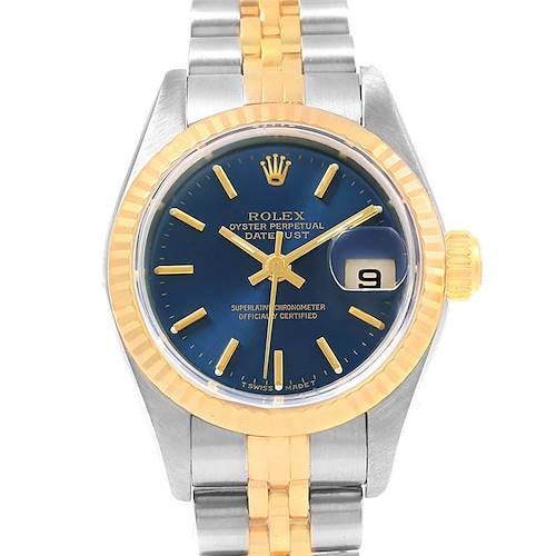 This image shows a front view of the Rolex Datejust 79173 Women's Steel and Gold (two tone) Blue Dial 79173 Women's Steel and Gold (two tone) Blue Dial watch, highlighting the dial, bezel, and part of the bracelet.