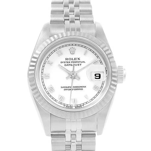 The image shows a Rolex Datejust 69174 Women's Stainless Steel White Dial 69174 Women's Stainless Steel White Dial watch from a front angle, including the dial, bezel, crown, and part of the bracelet.