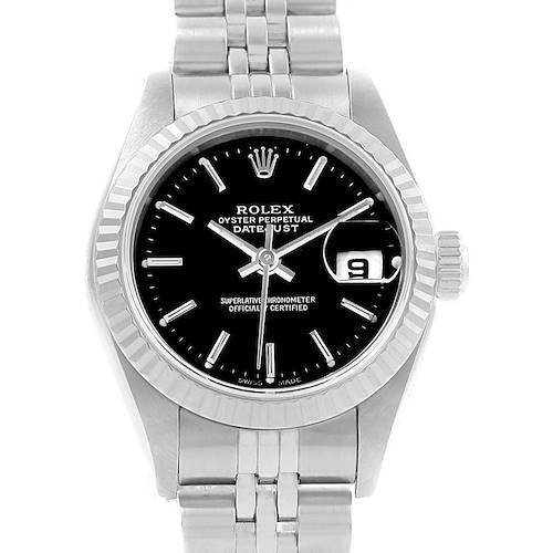 This image shows a front view of a Rolex Datejust 69174 Women's Stainless Steel Black Dial 69174 Women's Stainless Steel Black Dial watch, highlighting its black dial, date window, and stainless steel bracelet.