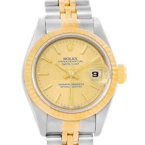 The image shows a front view of a Rolex Datejust 69173 Women's Stainless Steel Champagne Dial 69173 Women's Stainless Steel Champagne Dial watch, showcasing its face, dial, bezel, and part of the bracelet.