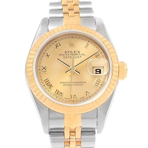The image shows a Rolex Datejust 79173 Women's Steel and Gold (two tone) Champagne Dial 79173 Women's Steel and Gold (two tone) Champagne Dial watch from a front angle, highlighting the face, fluted bezel, and two-tone bracelet.
