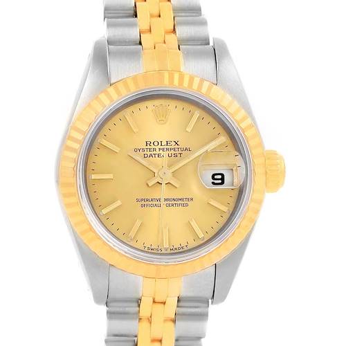 This Rolex Datejust 79173 Women's Steel and Gold (two tone) Champagne Dial 79173 Women's Steel and Gold (two tone) Champagne Dial is shown from a front angle, displaying the dial, bezel, crown, and part of the bracelet.
