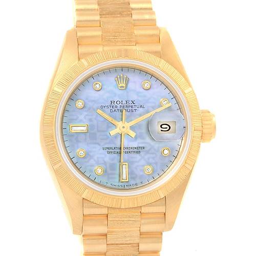 This image shows a front view of a Rolex Datejust 69278 Women's Yellow Gold Mother of Pearl Dial 69278 Women's Yellow Gold Mother of Pearl Dial watch with a gold bracelet and a blue dial.
