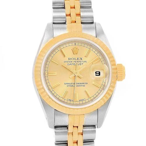 This image shows a front view of a Rolex Datejust 69173 Women's Stainless Steel Champagne Dial 69173 Women's Stainless Steel Champagne Dial watch, displaying the dial, bezel, crown, and part of the bracelet.