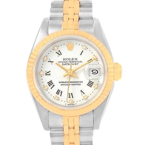 This image shows the face and bracelet of a Rolex Datejust 69173 Women's Stainless Steel White Dial 69173 Women's Stainless Steel White Dial watch, viewed from the front.