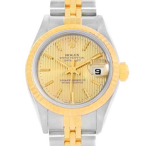 The image shows a Rolex Datejust 69173 Women's Stainless Steel Champagne Dial 69173 Women's Stainless Steel Champagne Dial watch with a gold dial, silver and gold bracelet, and a date display at 3 o'clock.