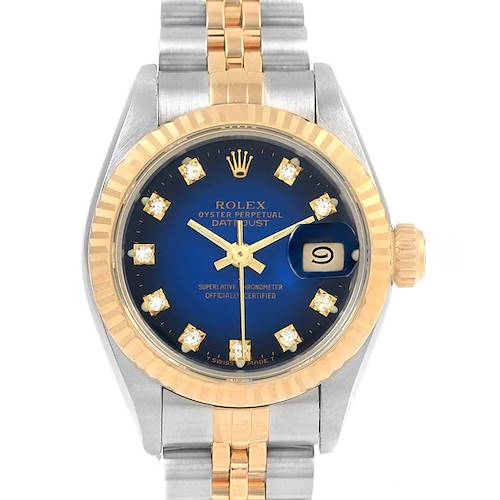 This image shows a front view of a Rolex Datejust 69173 Women's Stainless Steel Blue Dial 69173 Women's Stainless Steel Blue Dial watch, highlighting the dial, bezel, and a portion of the bracelet.