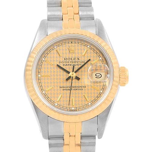 This image shows a front view of the Rolex Datejust 69173 Women's Stainless Steel Champagne Dial 69173 Women's Stainless Steel Champagne Dial watch, highlighting its yellow gold and steel bracelet, dial, and fluted bezel.