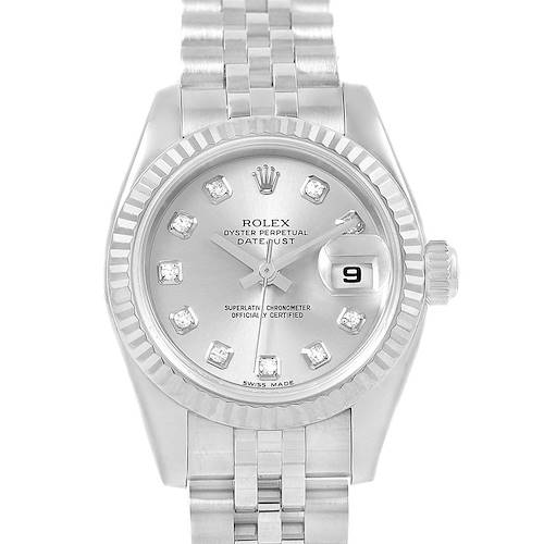 This image shows the front view of a Rolex Datejust 179174 Women's Stainless Steel Silver Dial 179174 Women's Stainless Steel Silver Dial watch, highlighting its dial, bezel, and bracelet.