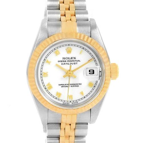 This image shows the Rolex Datejust 69173 Women's Stainless Steel White Dial 69173 Women's Stainless Steel White Dial watch head-on, displaying the dial, bezel, crown, and part of the two-tone bracelet.