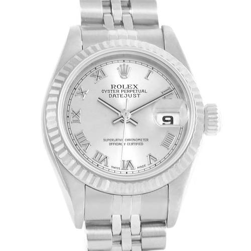 The image shows a front view of a Rolex Datejust 69174 Women's Stainless Steel Silver Dial 69174 Women's Stainless Steel Silver Dial watch, highlighting its dial, bezel, and part of the bracelet.