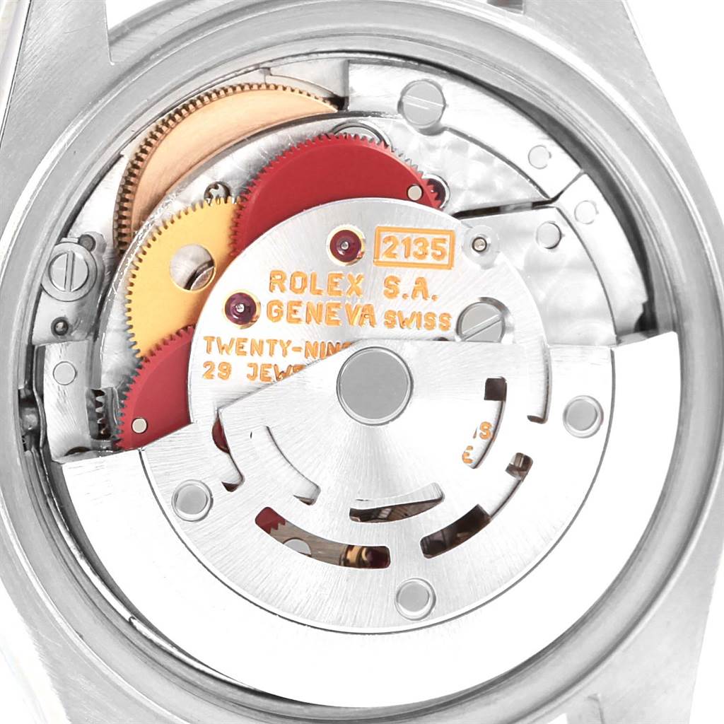 The image shows the internal mechanism and movement of a Rolex Datejust 69174 Women's Stainless Steel Blue Dial 69174 Women's Stainless Steel Blue Dial watch viewed from the back.