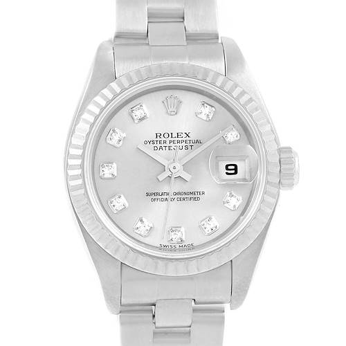 This image shows a frontal view of a Rolex Datejust 79174 Women's Stainless Steel Silver Dial 79174 Women's Stainless Steel Silver Dial watch, displaying its face, dial, bracelet, and date window.
