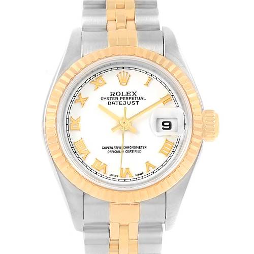The image shows a front view of the Rolex Datejust 79173 Women's Steel and Gold (two tone) White Dial 79173 Women's Steel and Gold (two tone) White Dial watch, displaying its dial, bezel, and part of the bracelet.