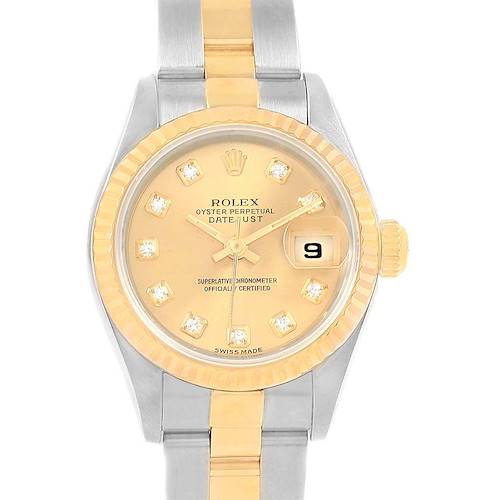 This image shows a Rolex Datejust 69173 Women's Stainless Steel Champagne Dial 69173 Women's Stainless Steel Champagne Dial watch face and part of the bracelet from a top-down angle.