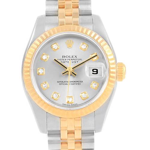 This image shows a Rolex Datejust 179173 Women's Steel and Gold (two tone) Silver Dial 179173 Women's Steel and Gold (two tone) Silver Dial watch from the front, displaying the dial, hands, bezel, crown, and part of the bracelet.
