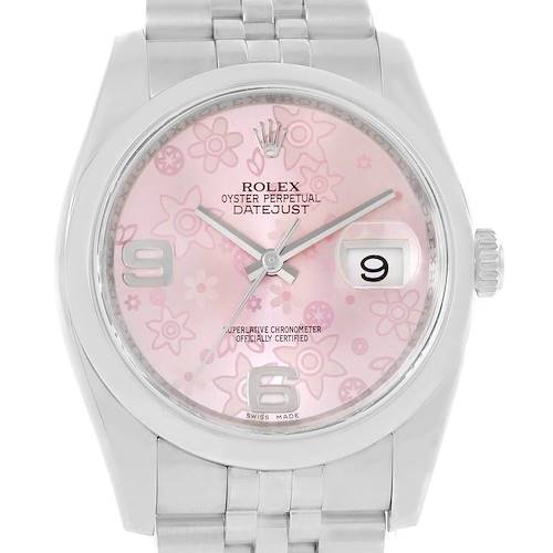 The image displays a front view of a Rolex Datejust 116200 Women's Stainless Steel Pink Dial 116200 Women's Stainless Steel Pink Dial watch featuring a pink floral dial and the bracelet.