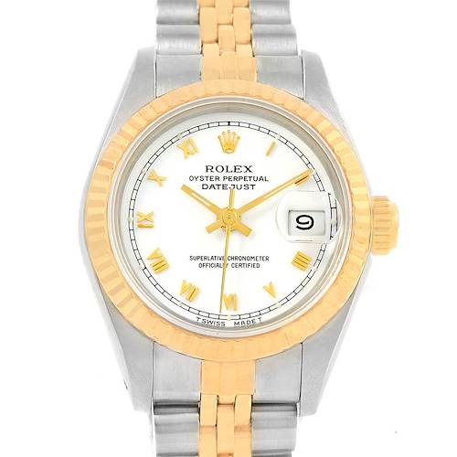 The image shows a front view of a Rolex Datejust 69173 Women's Stainless Steel White Dial 69173 Women's Stainless Steel White Dial watch, highlighting its dial, hands, date window, and part of the bracelet.