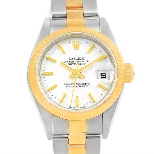This image of the Rolex Datejust 79173 Women's Steel and Gold (two tone) White Dial 79173 Women's Steel and Gold (two tone) White Dial watch shows the dial, bezel, crown, and part of the two-tone bracelet from a top-down angle.