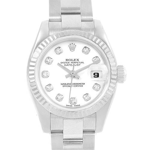 This image shows a front view of a Rolex Datejust 179174 Women's Stainless Steel White Dial 179174 Women's Stainless Steel White Dial watch, focusing on the dial, bezel, and part of the bracelet.