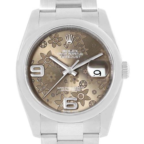 The image shows a frontal view of the Rolex Datejust 116200 Women's Stainless Steel Brown Dial 116200 Women's Stainless Steel Brown Dial watch, highlighting its floral-patterned dial and date window.