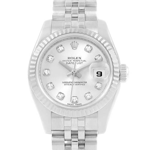 This image shows a front view of a Rolex Datejust 179174 Women's Stainless Steel Silver Dial 179174 Women's Stainless Steel Silver Dial watch, highlighting its dial, bezel, bracelet, and date window.