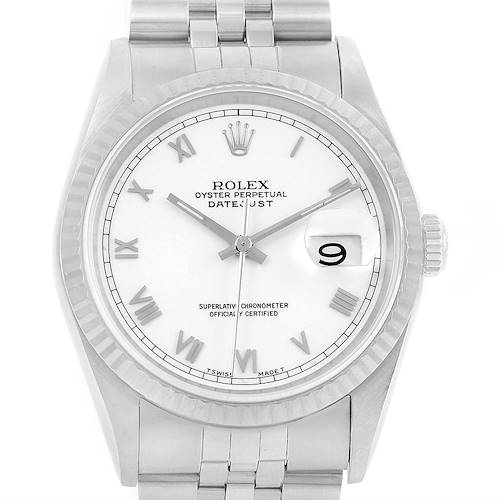 This is a close-up frontal view of the Rolex Datejust 16234 Men's Stainless Steel White Dial 16234 Men's Stainless Steel White Dial watch showing the dial, hands, crown, and part of the bracelet.