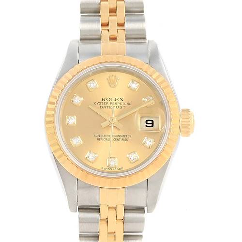 The image shows a frontal view of a Rolex Datejust 79173 Women's Stainless Steel Champagne Dial 79173 Women's Stainless Steel Champagne Dial watch, highlighting the dial, bezel, crown, and bracelet.