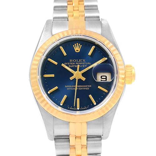 The image shows a frontal view of a Rolex Datejust 69173 Women's Stainless Steel Blue Dial 69173 Women's Stainless Steel Blue Dial watch featuring a blue dial, gold hour markers, and a two-tone metal bracelet.