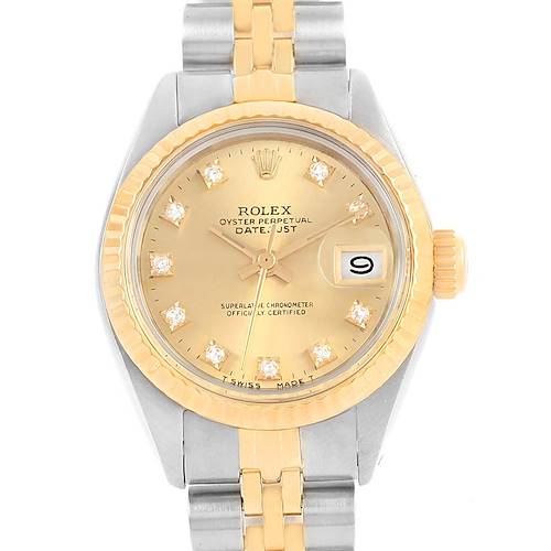 This image shows a Rolex Datejust 6917 Women's Stainless Steel Champagne Dial 6917 Women's Stainless Steel Champagne Dial watch from a front angle, highlighting the face, dial, bezel, and two-tone bracelet.