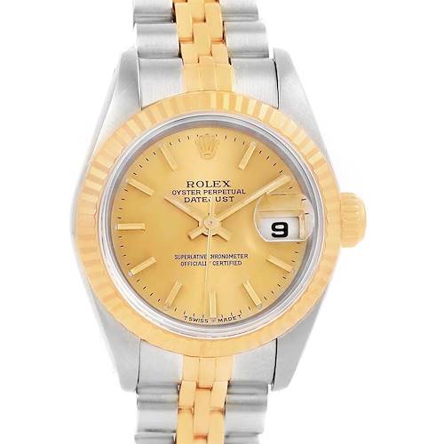 The image shows a front view of the Rolex Datejust 69173 Women's Stainless Steel Champagne Dial 69173 Women's Stainless Steel Champagne Dial watch, highlighting its two-tone bracelet, gold dial, and date window at 3 o'clock.